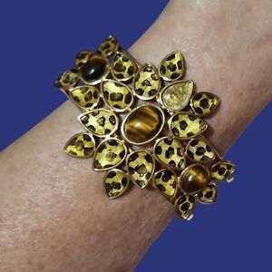 3/$30 VTG JC 1980s Leopard Tiger Eye Floral Chunky Statement Cuff Bracelet